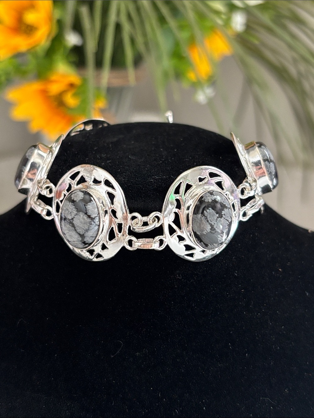 Sterling Silver Snowflake Obsidian Link Bracelet